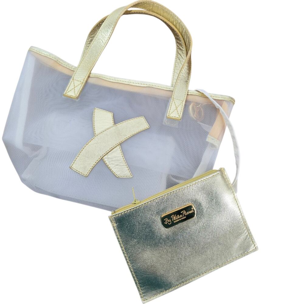 Paloma Picasso VTG Purse Gold White Mesh Bag Metallic Leather X Tote w Insert